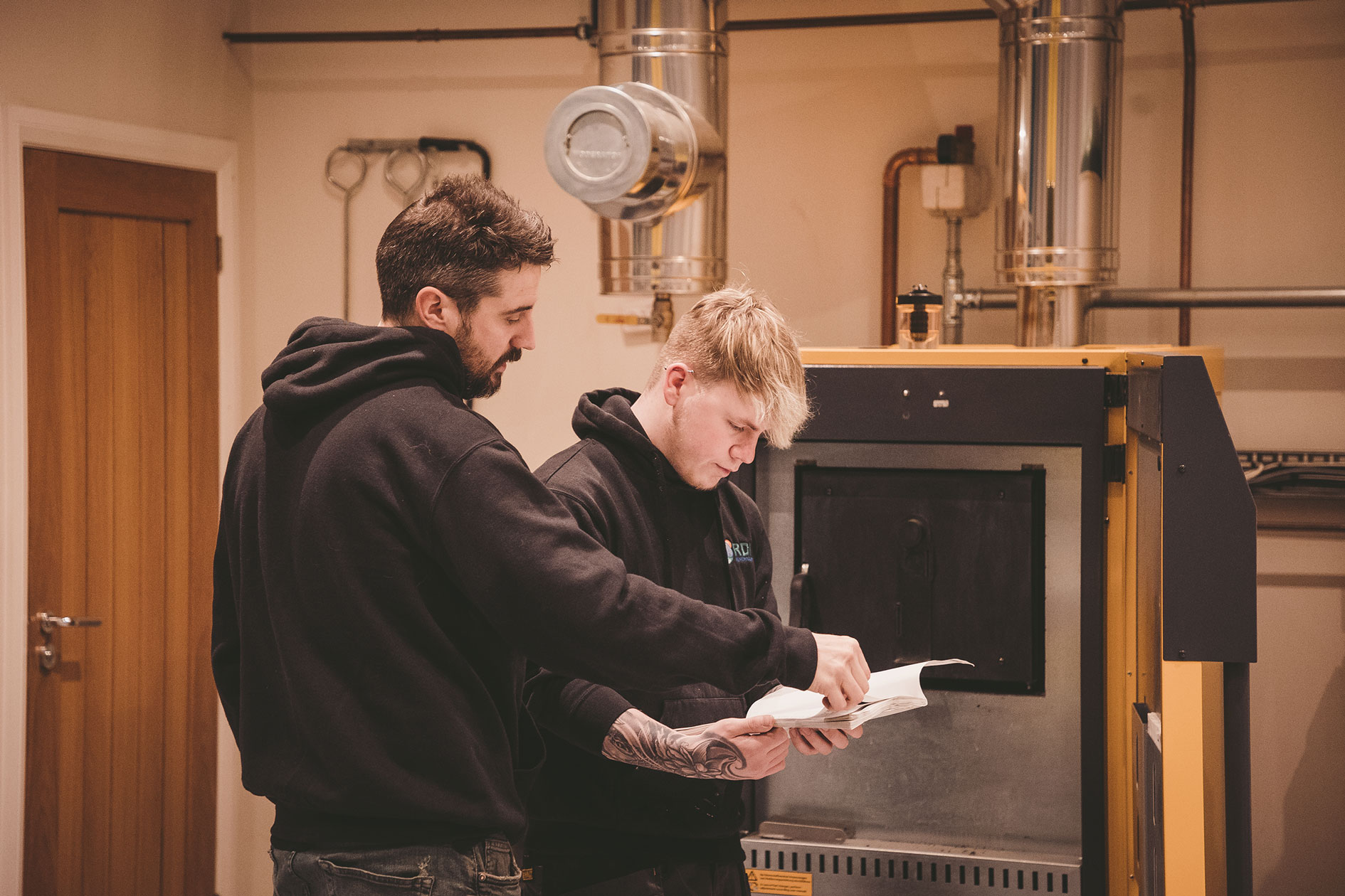Ryan Pollard, Managing Director, RDI Renewables and Dillan MacLeod, Apprentice Plumber and Heating Engineer, studying BPEC Engineering Services Modern Apprenticeship. Images by Colin Campbell Photography and Design