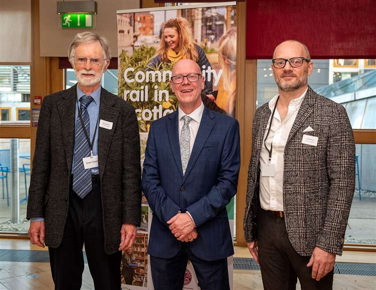 Designation of Far North Line Community Rail Partnership announced Michael Willmot (left) and David Watson flank transport minister Kevin Stewart.