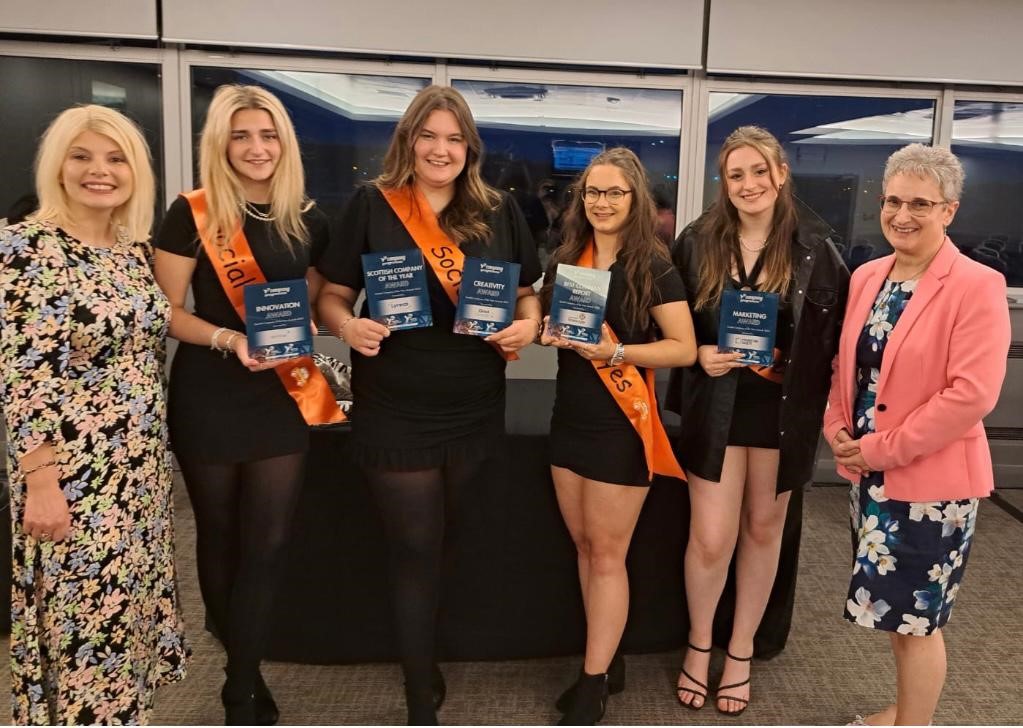 Thurso School High Young Enterprise Team 2023 Social Eyes with their awards at the Young Enterprise Scottish Finals