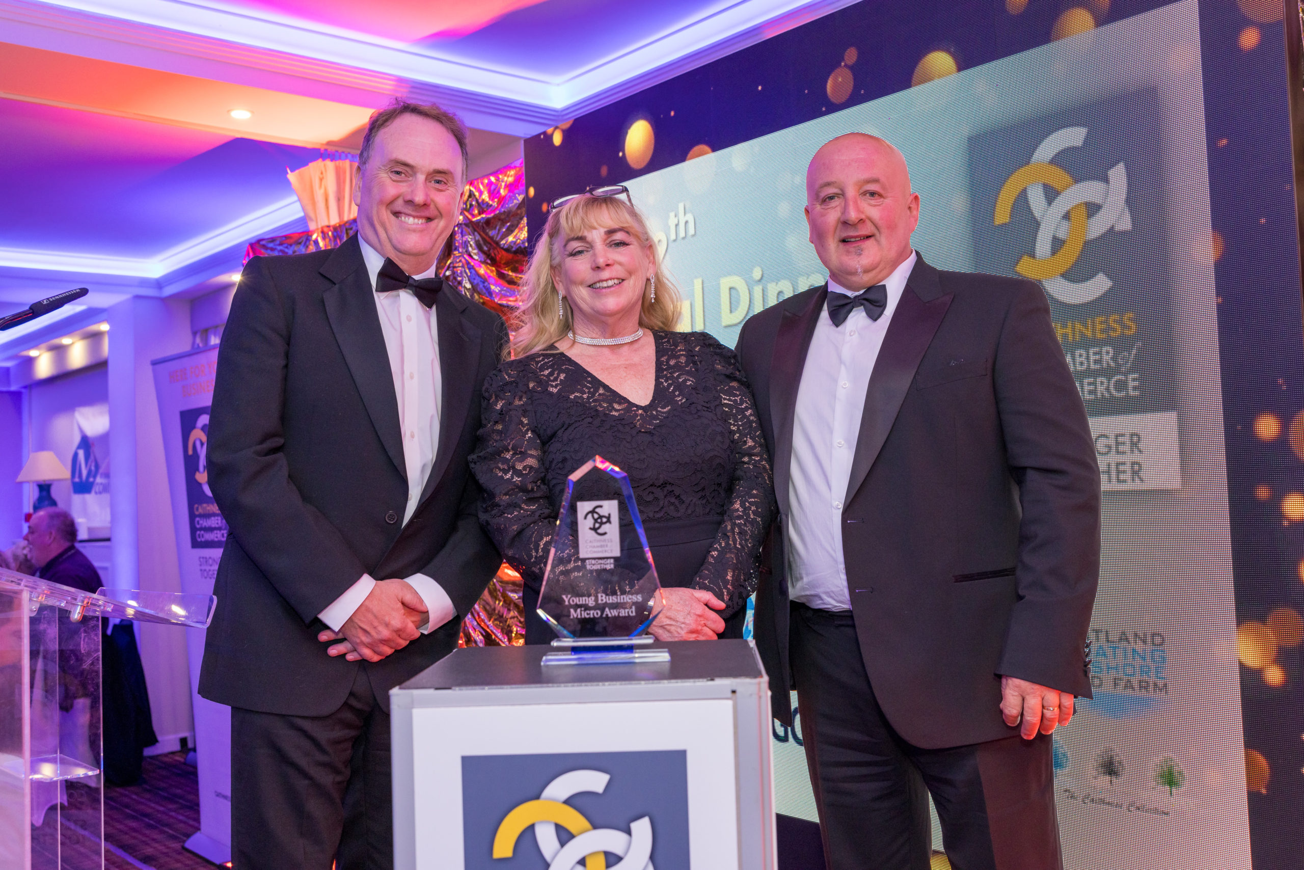 Winner of the Young Business Award in the Micro category, Mandy Boydell and  Ged Boydell of CC Chocolatier with award sponsor Rob Heaton, West of Orkney Windfarm